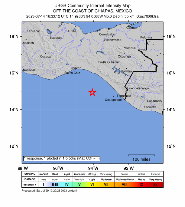USGS DYFI community-reported intensity map for the M5.0 earthquake near off the coast of Chiapas, Mexico