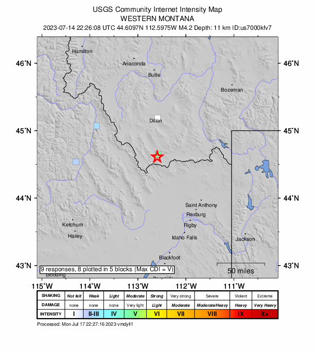 USGS DYFI community-reported intensity map for the M4.2 earthquake near 3 km S of Lima, Montana
