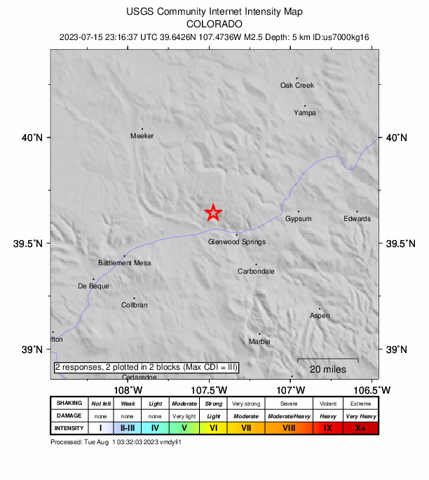 USGS DYFI community-reported intensity map for the M2.5 earthquake near 7 km NNW of Chacra, Colorado