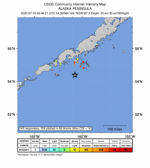 USGS DYFI community-reported intensity map for the M7.2 earthquake near 2023 Sand Point, Alaska Earthquake