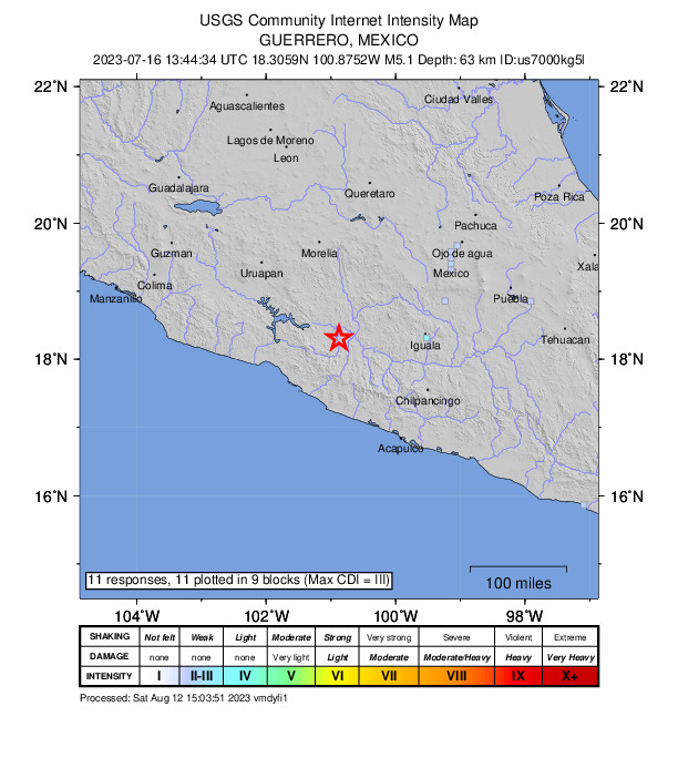 USGS DYFI community-reported intensity map for the M5.1 earthquake near 3 km W of Paso de Arena, Mexico