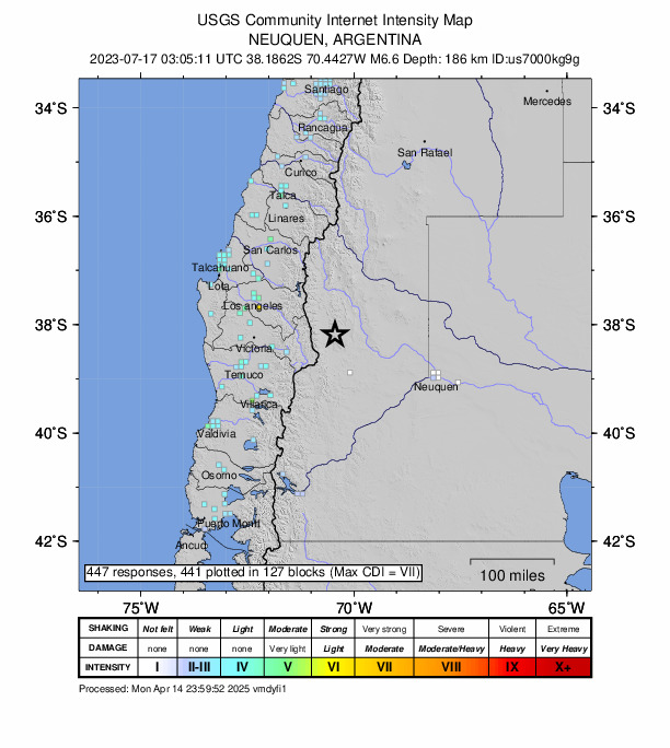 USGS DYFI community-reported intensity map for the M6.6 earthquake near 19 km SE of Loncopué, Argentina