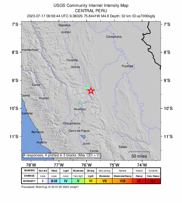 USGS DYFI community-reported intensity map for the M4.8 earthquake near 17 km ESE of Tingo María, Peru
