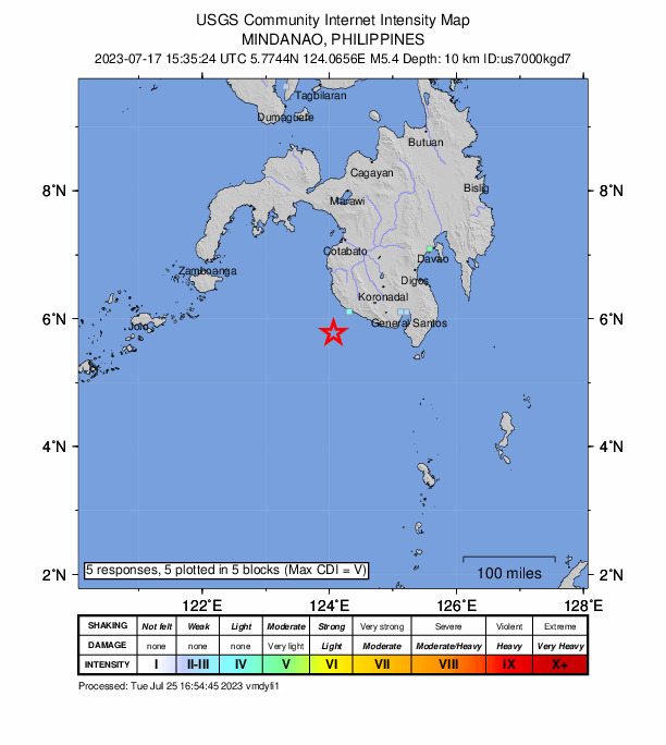 USGS DYFI community-reported intensity map for the M5.4 earthquake near 49 km SW of Malisbeng, Philippines