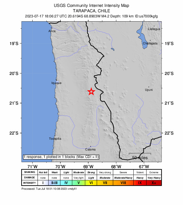 USGS DYFI community-reported intensity map for the M4.2 earthquake near 85 km ESE of La Tirana, Chile