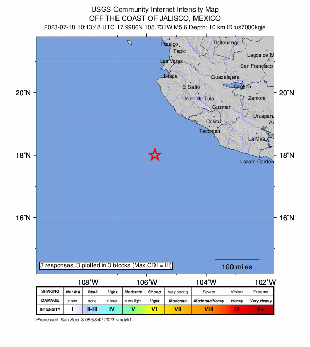 USGS DYFI community-reported intensity map for the M5.6 earthquake near 173 km SW of La Manzanilla, Mexico