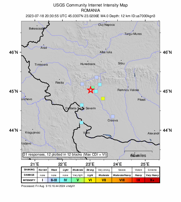 USGS DYFI community-reported intensity map for the M4.0 earthquake near 4 km SSW of Peştişani, Romania