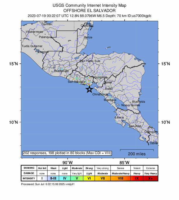 USGS DYFI community-reported intensity map for the M6.5 earthquake near 43 km S of Intipucá, El Salvador