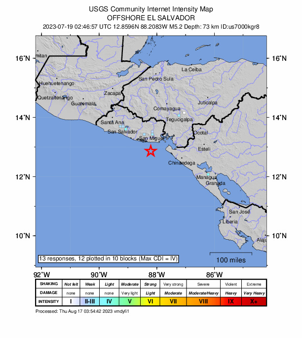 USGS DYFI community-reported intensity map for the M5.0 earthquake near 41 km S of Chirilagua, El Salvador