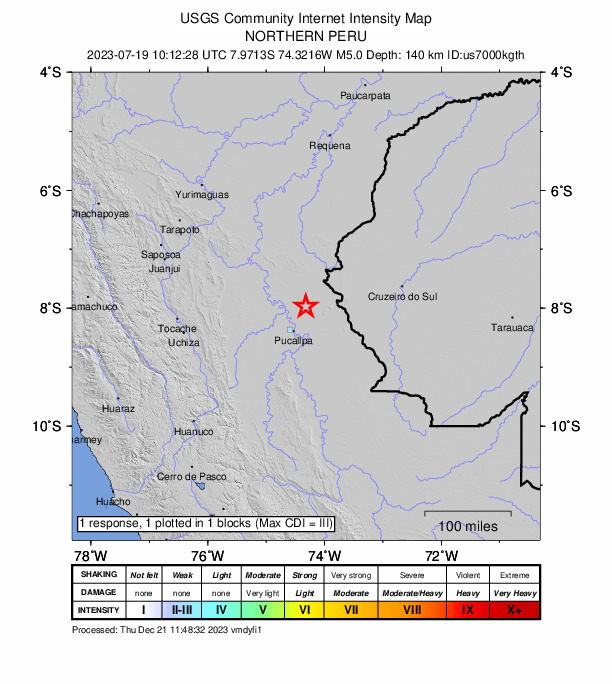 USGS DYFI community-reported intensity map for the M5.0 earthquake near 51 km NNE of Pucallpa, Peru