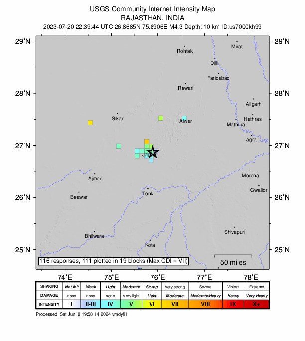 USGS DYFI community-reported intensity map for the M4.3 earthquake near 11 km ESE of Jaipur, India