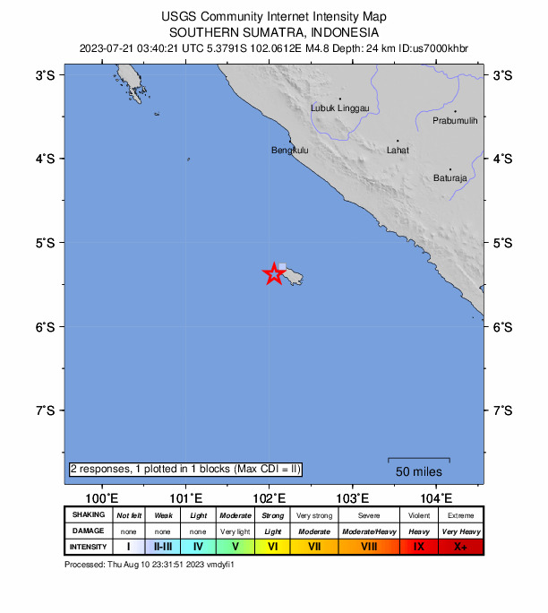 USGS DYFI community-reported intensity map for the M4.8 earthquake near 176 km S of Bengkulu, Indonesia