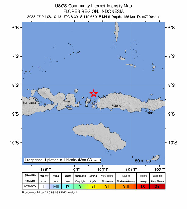USGS DYFI community-reported intensity map for the M4.9 earthquake near 36 km NW of Labuan Bajo, Indonesia