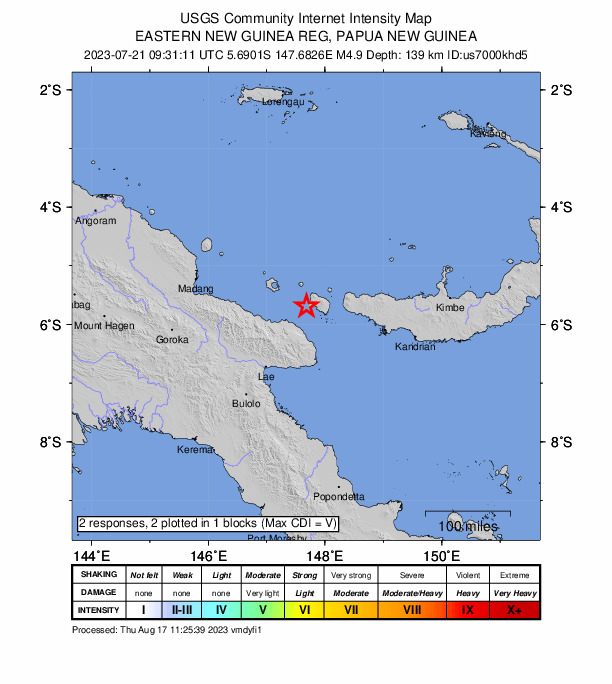 USGS DYFI community-reported intensity map for the M4.9 earthquake near 97 km N of Finschhafen, Papua New Guinea