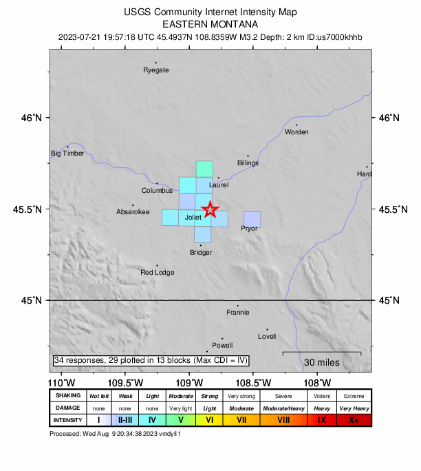 USGS DYFI community-reported intensity map for the M3.2 earthquake near Eastern Montana