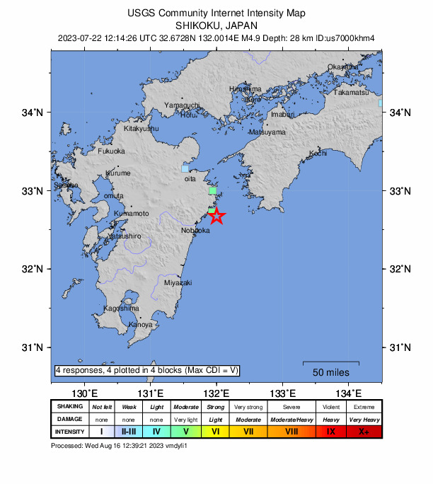 USGS DYFI community-reported intensity map for the M4.9 earthquake near 32 km SSE of Saiki, Japan