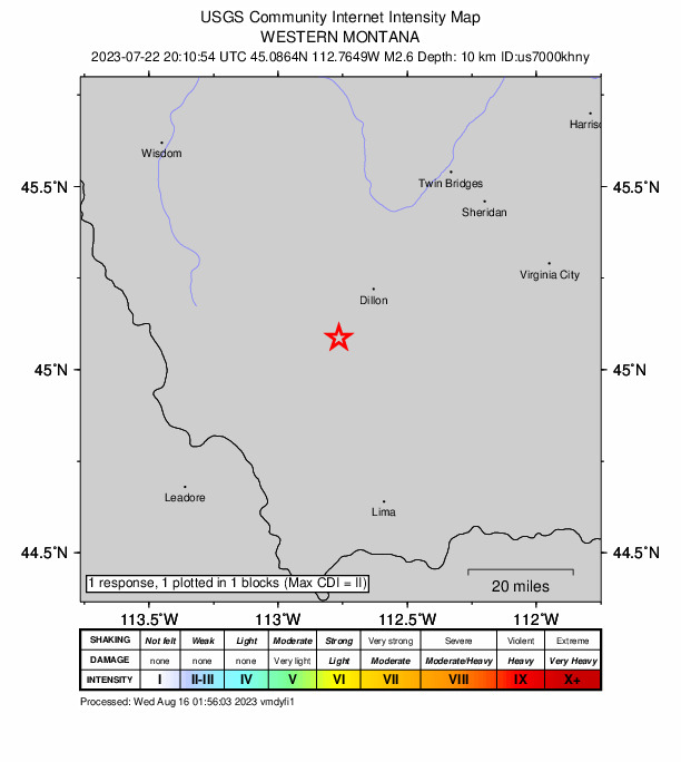 USGS DYFI community-reported intensity map for the M2.6 earthquake near 17 km SW of Dillon, Montana