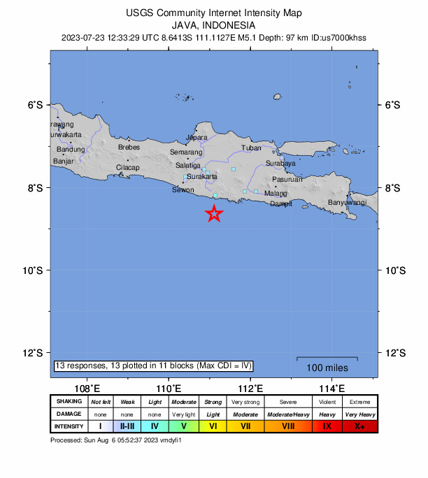 USGS DYFI community-reported intensity map for the M5.1 earthquake near Java, Indonesia
