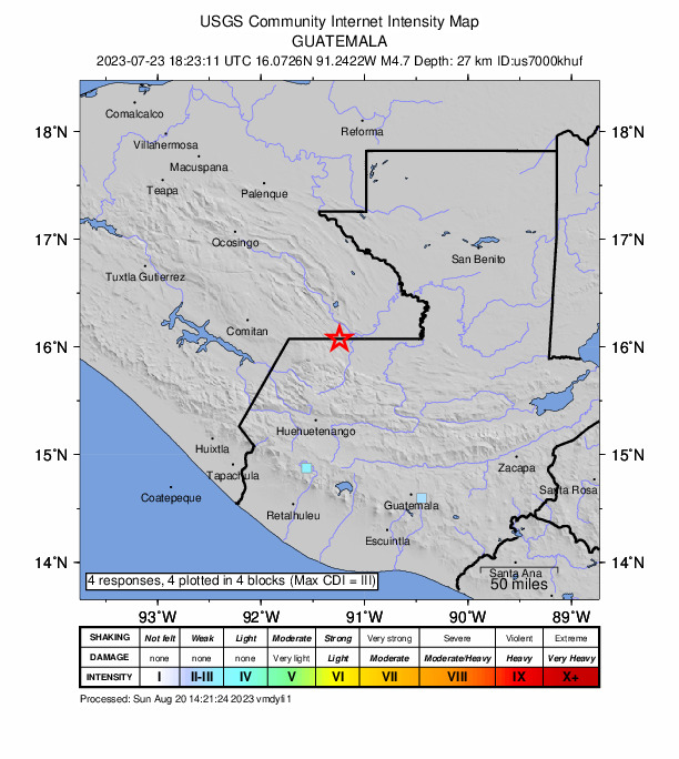 USGS DYFI community-reported intensity map for the M4.7 earthquake near 13 km SSE of Maravilla Tenejapa, Mexico