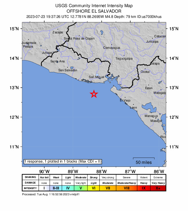 USGS DYFI community-reported intensity map for the M4.8 earthquake near 50 km SSW of Chirilagua, El Salvador