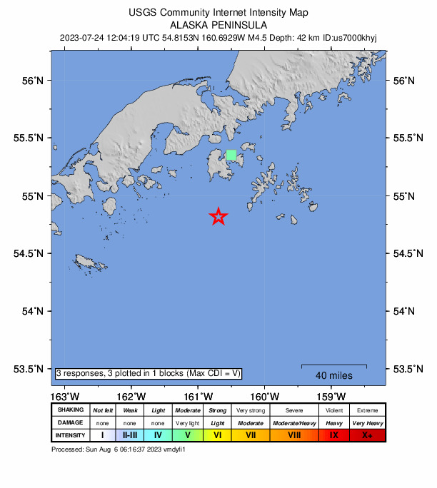 USGS DYFI community-reported intensity map for the M4.5 earthquake near 59 km SSW of Sand Point, Alaska
