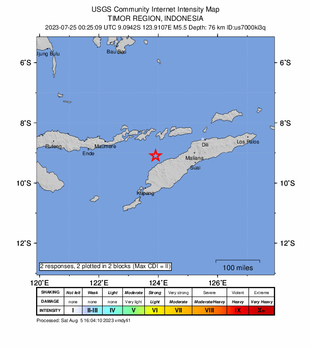USGS DYFI community-reported intensity map for the M5.6 earthquake near 53 km WNW of Pante Makasar, Timor Leste