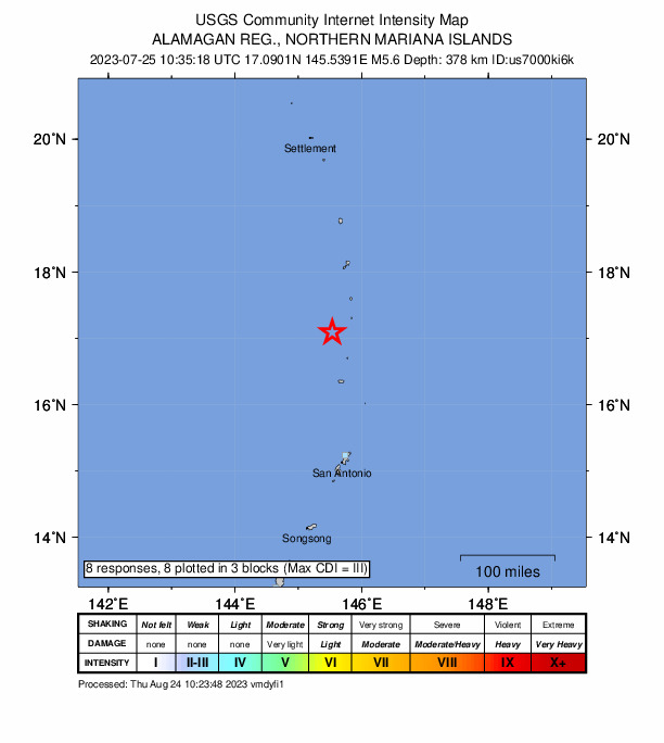 USGS DYFI community-reported intensity map for the M5.6 earthquake near 209 km N of Saipan, Northern Mariana Islands