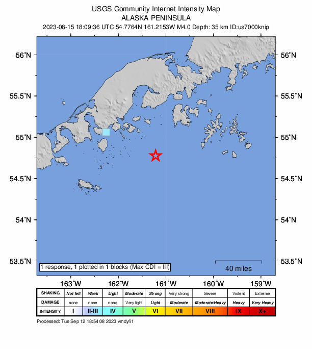 USGS DYFI community-reported intensity map for the M4.0 earthquake near Alaska Peninsula