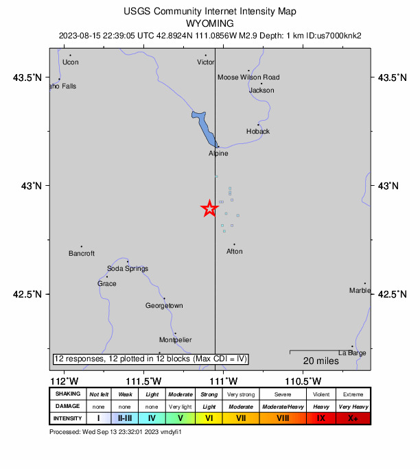 USGS DYFI community-reported intensity map for the M2.9 earthquake near 7 km WSW of Thayne, Wyoming