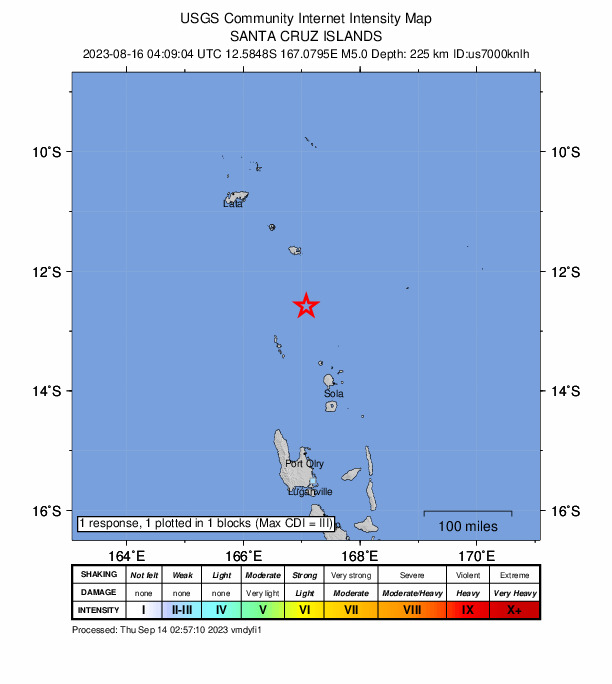 USGS DYFI community-reported intensity map for the M5.0 earthquake near 151 km NNW of Sola, Vanuatu