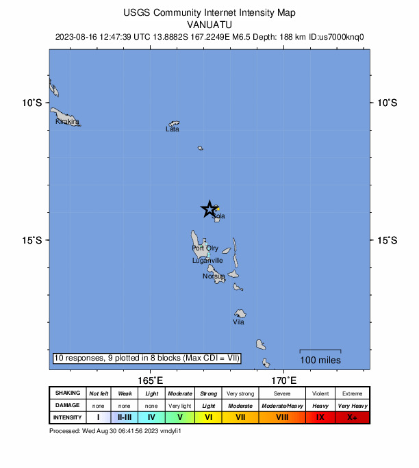 USGS DYFI community-reported intensity map for the M6.5 earthquake near 35 km W of Sola, Vanuatu