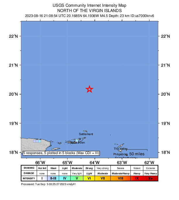 USGS DYFI community-reported intensity map for the M4.5 earthquake near North of the Virgin Islands