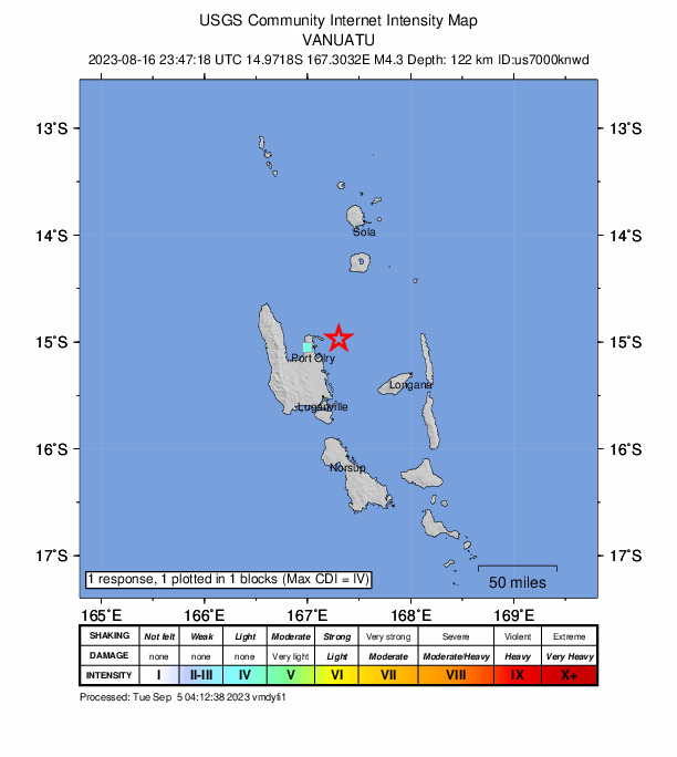 USGS DYFI community-reported intensity map for the M4.3 earthquake near 25 km ENE of Port-Olry, Vanuatu