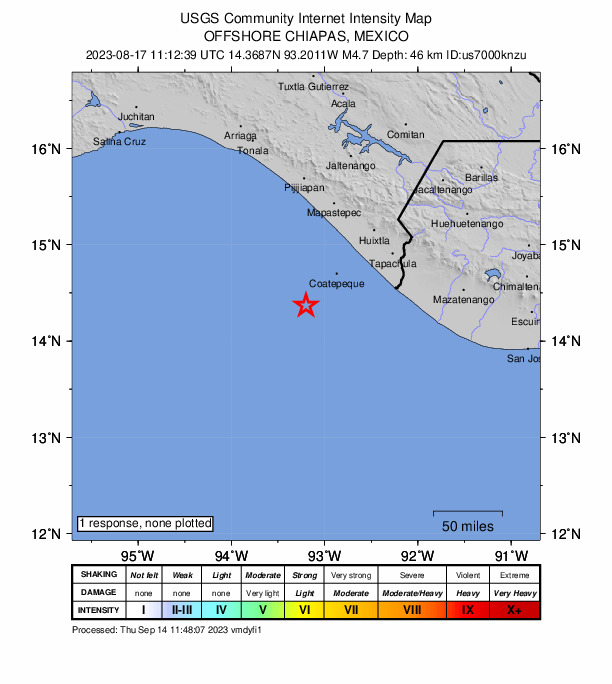 USGS DYFI community-reported intensity map for the M4.7 earthquake near 92 km WSW of Puerto Madero, Mexico