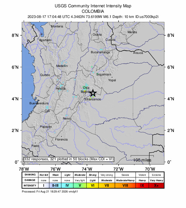 USGS DYFI community-reported intensity map for the M6.1 earthquake near 10 km E of El Calvario, Colombia
