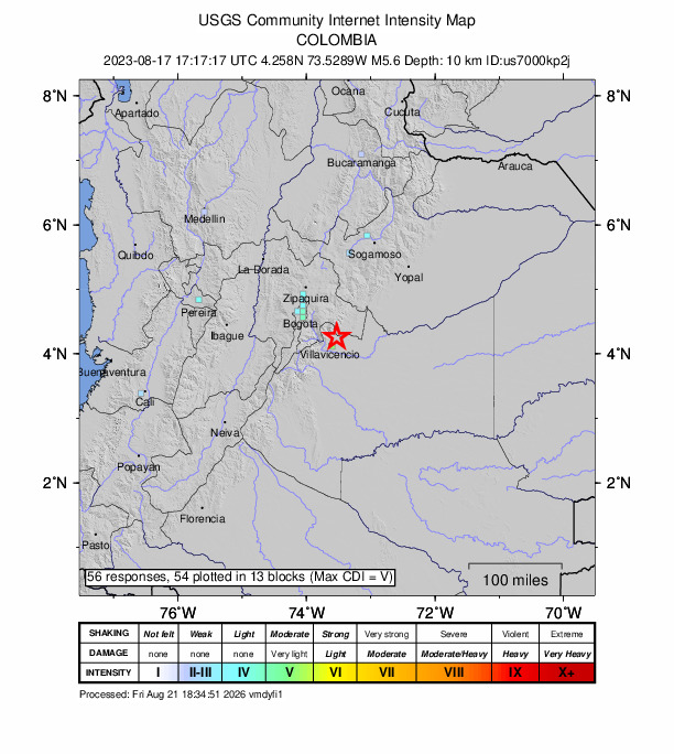 USGS DYFI community-reported intensity map for the M5.6 earthquake near 3 km E of Restrepo, Colombia