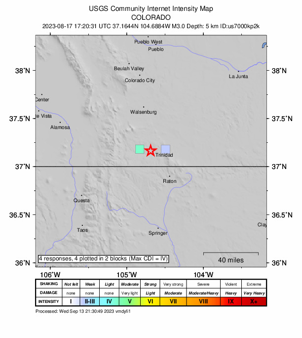 USGS DYFI community-reported intensity map for the M3.0 earthquake near Colorado