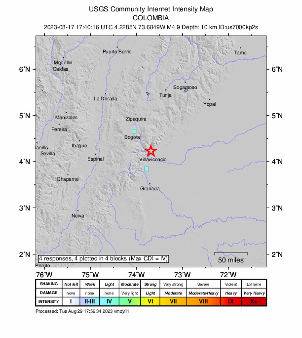 USGS DYFI community-reported intensity map for the M4.9 earthquake near 11 km NW of Villavicencio, Colombia