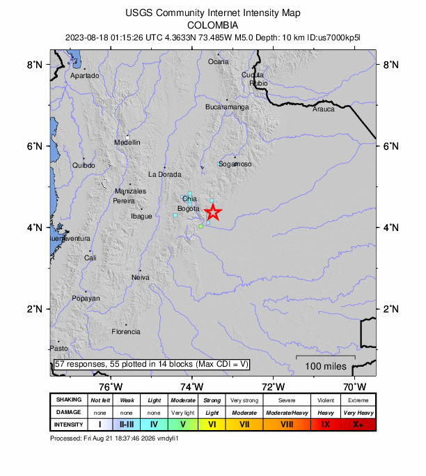 USGS DYFI community-reported intensity map for the M5.0 earthquake near 10 km N of Cumaral, Colombia
