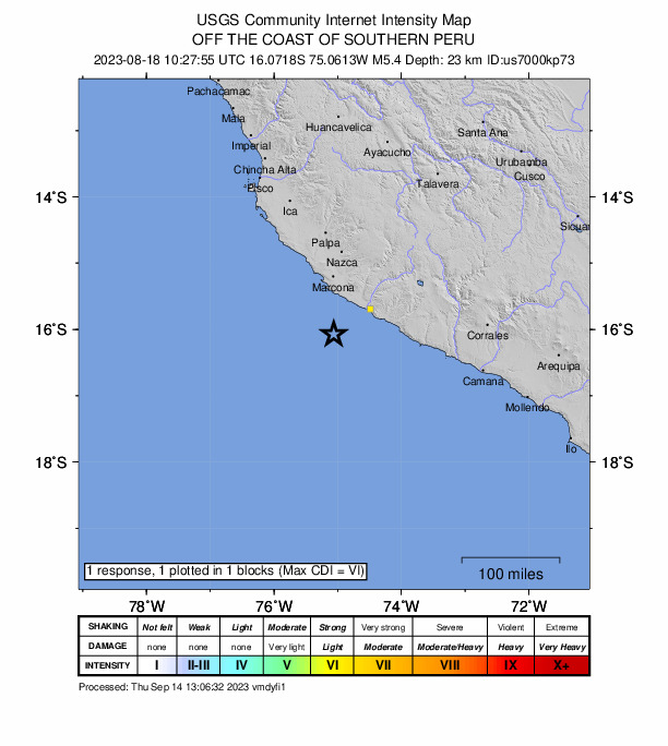USGS DYFI community-reported intensity map for the M5.4 earthquake near 78 km S of San Juan, Peru