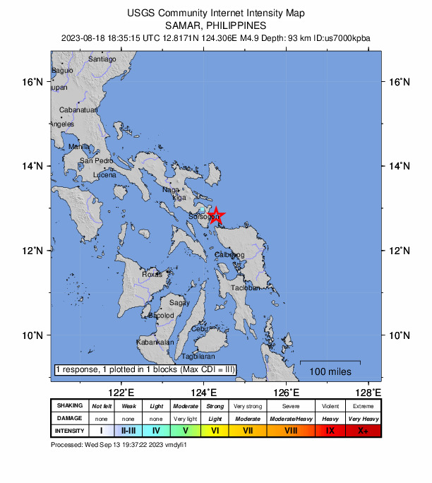 USGS DYFI community-reported intensity map for the M4.9 earthquake near 16 km NNW of Biri, Philippines