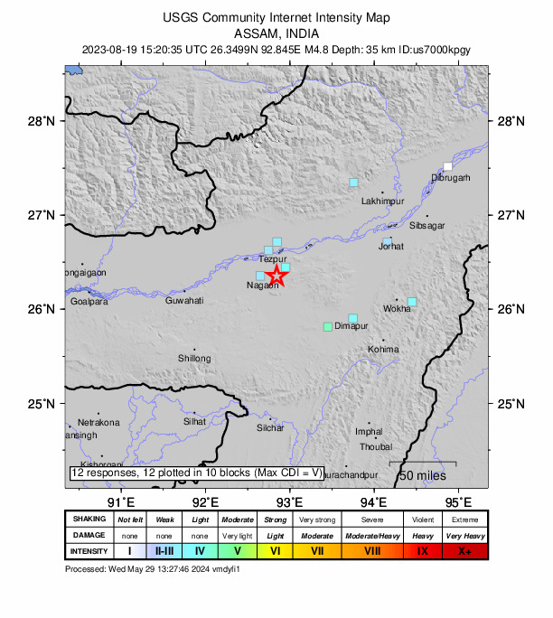 USGS DYFI community-reported intensity map for the M4.8 earthquake near 31 km S of Tezpur, India