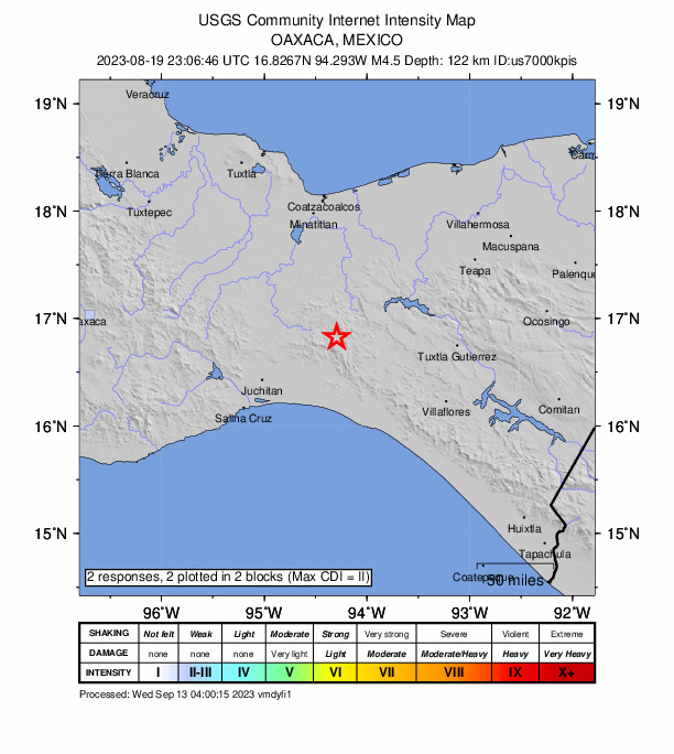 USGS DYFI community-reported intensity map for the M4.5 earthquake near Oaxaca, Mexico