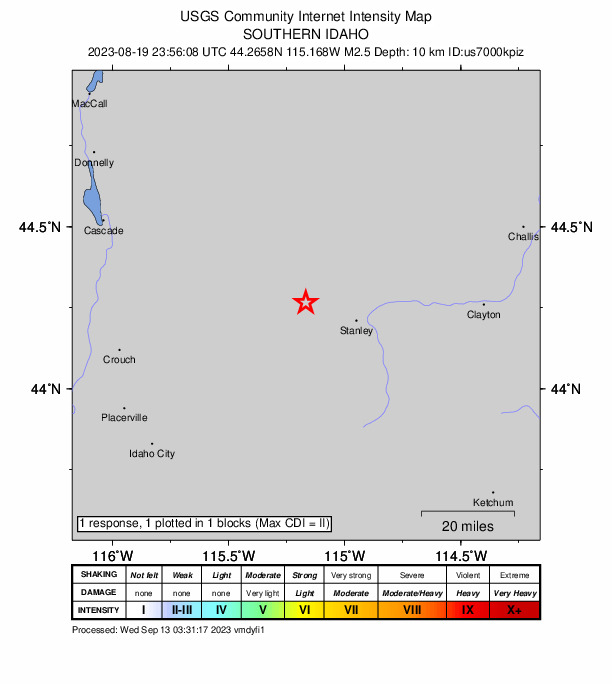 USGS DYFI community-reported intensity map for the M2.5 earthquake near 19 km WNW of Stanley, Idaho