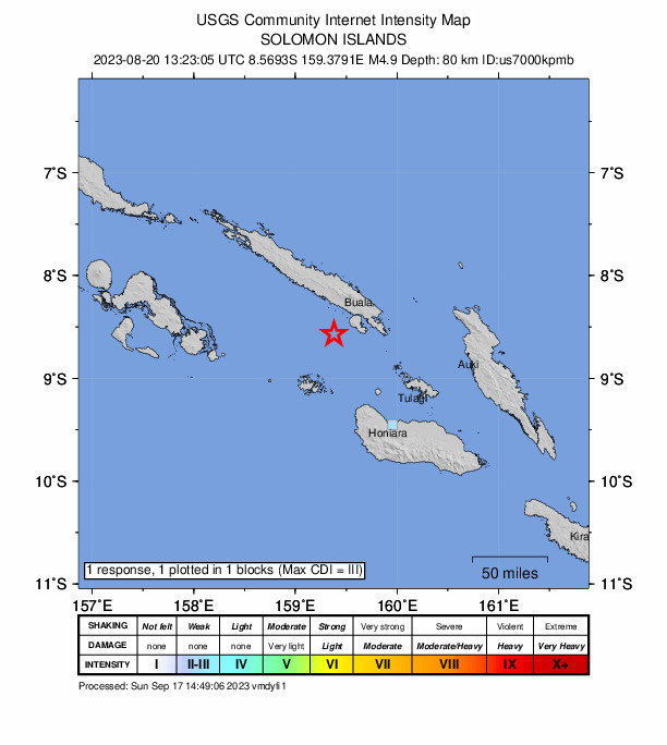 USGS DYFI community-reported intensity map for the M4.9 earthquake near Solomon Islands