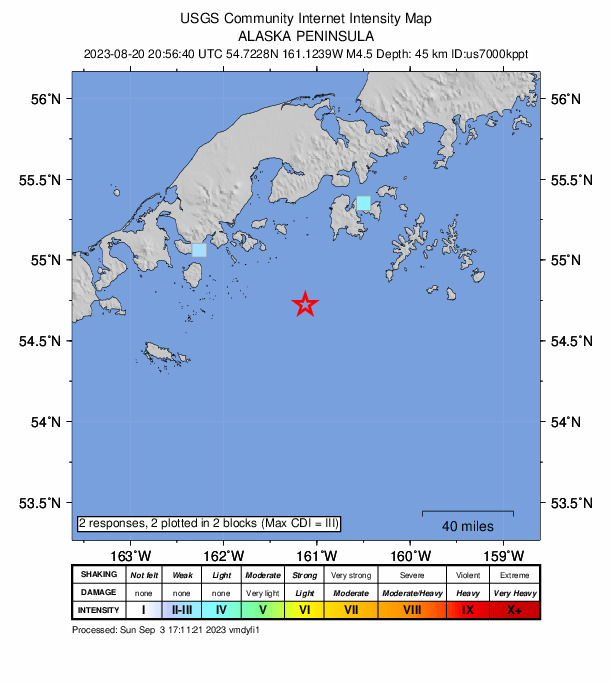 USGS DYFI community-reported intensity map for the M4.5 earthquake near 79 km SSW of Sand Point, Alaska