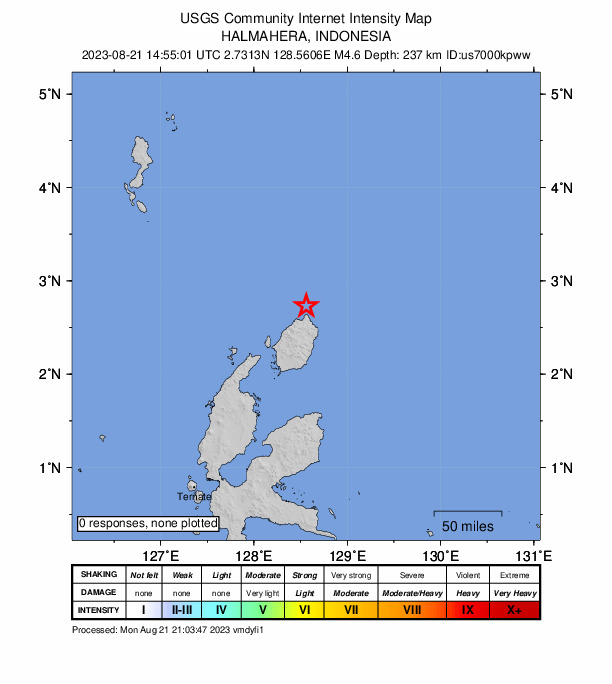 USGS DYFI community-reported intensity map for the M4.6 earthquake near 125 km NNE of Tobelo, Indonesia