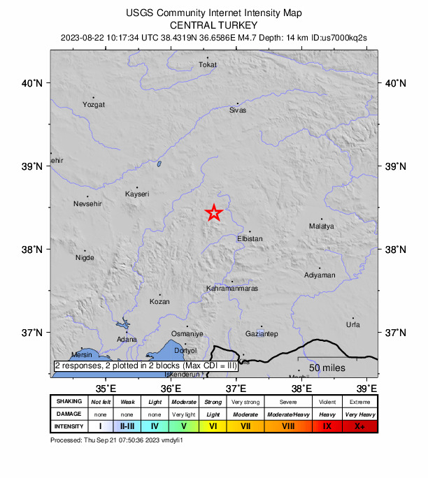 USGS DYFI community-reported intensity map for the M4.7 earthquake near 15 km ESE of Sariz, Turkey