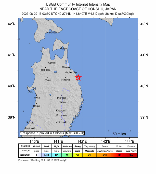 USGS DYFI community-reported intensity map for the M4.6 earthquake near 11 km NNE of Kuji, Japan