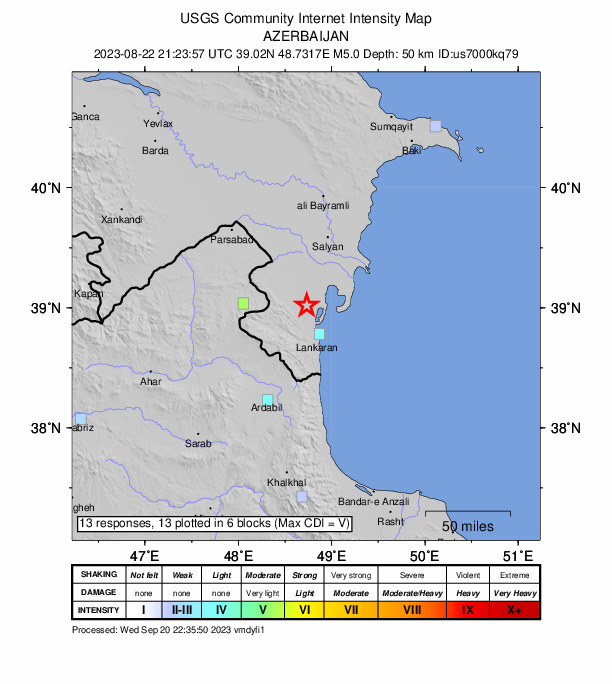USGS DYFI community-reported intensity map for the M4.9 earthquake near 6 km ESE of Masally, Azerbaijan